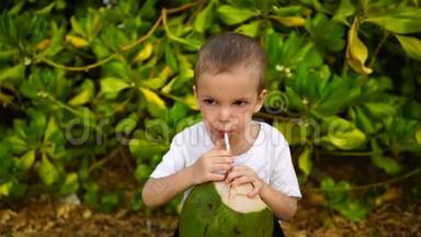 两岁的男孩在海滩上唱椰子汁。
